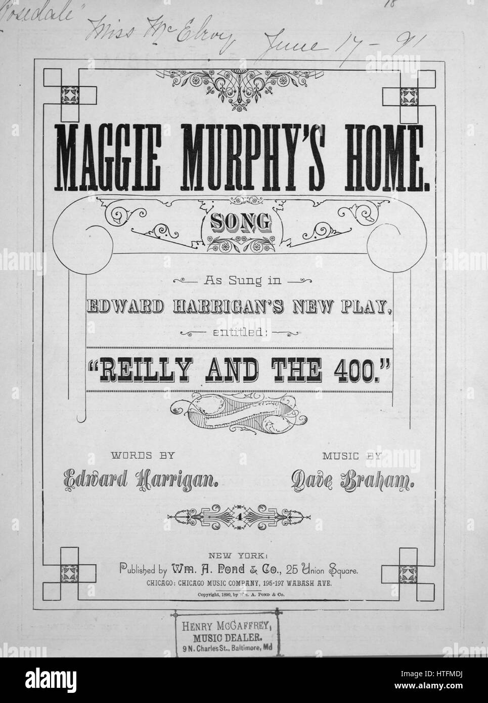 Titelbild der Noten des Liedes "Maggie Murphy Hause Lied", mit ursprünglichen Autorschaft Noten lesen "Worte von Edward Harrigan Music von Dave Braham", USA, 1890. Der Herausgeber ist gelistet als "WM. A. Teich und Co., 25 Union Square (Broadway, Bet 15. und 16. St.)," die Form der Komposition ist "strophische mit Chor", die Instrumentierung ist "Klavier und Stimme", liest die erste Zeile "hinter einem Gymnasium-Haus In einer doppelten Mietshaus, ich lebe mit meiner alten Mutter" und der Abbildung Künstler wird als aufgeführt "j.m. Armstrong und Co. Musik Typografen , 621 Arch St., Phila, PA '. Stockfoto