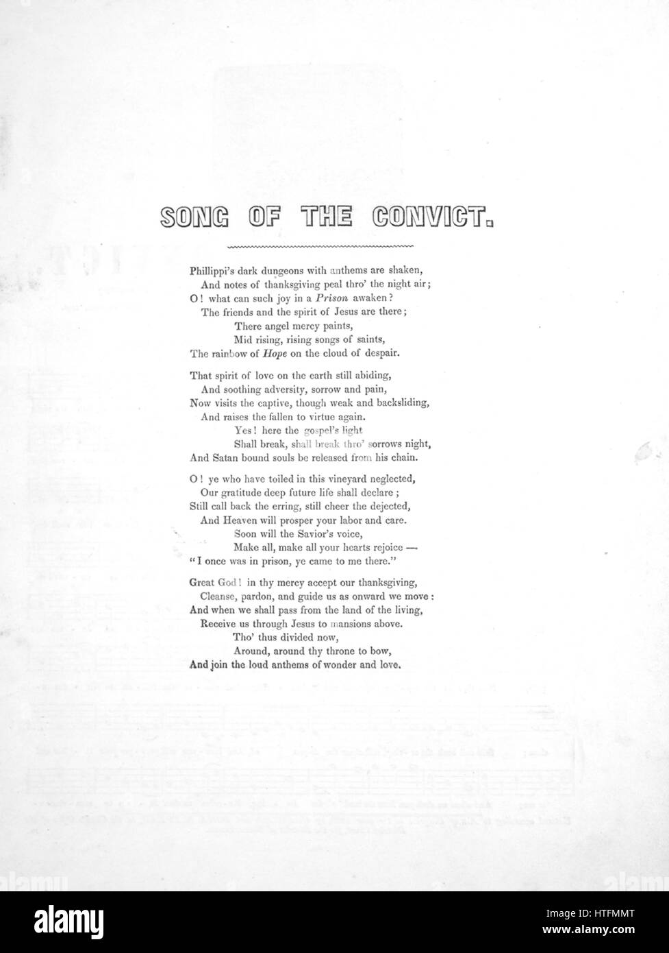 Noteneinband des Liedes 'Song of the Convict', mit Originalnotizen zur Autorenschaft mit der Aufschrift 'Words by William, Music by James M Bradley, Tow Brothers Prisoners', USA, 1900. Der Verlag ist als 'Published for the Inhabers of the 'Prisoner's Friend' im Keith's Music Publishing House, 67 und 69 Court Street' aufgeführt, die Kompositionsform ist 'SATB Strophic', die Instrumentierung ist 'A cappella Voice', die erste Zeile lautet 'Philippis dunkle Dungeons, mit Hymnen sind erschüttert', Und der Künstler der Illustration wird als 'None' aufgeführt. Stockfoto