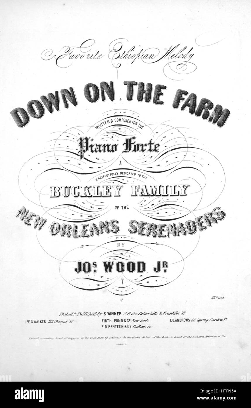 Titelbild der Noten des Liedes "Lieblings äthiopischen Melodie Down auf dem Bauernhof", mit ursprünglichen Autorschaft Noten reading "Geschrieben und komponiert für das Piano-Forte von Jos Wood, Jr.", USA, 1852. Der Herausgeber ist als 'S. Winner, N.E. Cor. Callowhill und Franklin St.' aufgeführt, die Form der Komposition ist "strophische mit Chor", die Instrumentierung ist "Klavier und Stimme", die erste Zeile lautet "Oh Darkies alle ziehen in der Nähe von mir, ich werde dir ein Lied singen" und der Abbildung Künstler wird als aufgeführt "C.F. Mist Sc.; Gewinner Herrn ". Stockfoto