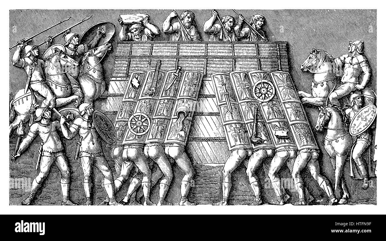 Vintage Gravur aus römischen Soldaten bei der Belagerung von deutschen Fort, geschnitzten Szene auf den Sieg Colunm des Marcus Aurelius in Rom (II Jahrhundert) Stockfoto