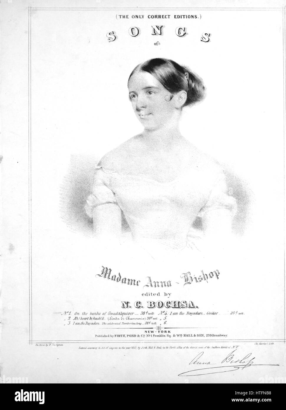 Titelbild der Noten des Liedes "(die einzige richtige Ausgaben) Lieder von Madame Anna Bischof No1 am Ufer des Guadalquiver mit Rezitativ (Ah! Als ich kam), die Lieblings-Ballade ', mit ursprünglichen Autorschaft Noten lesen "Herausgegeben von NC-Versuch", USA, 1847. Der Verlag als "Firth, Teich und Co., No. 1 Franklin sq" aufgeführt ist, die Form der Komposition ist "strophische mit Refrain", die Instrumentierung ist "Klavier und Stimme erste Zeile des Rezitativs Ah! Als ich kam, alle diese lieben Freunde waren weg erste Zeile des Liedes Oh am Ufer des Guadalquiver, durch die hellen und fließenden Fluss erste Zeile der Ref Stockfoto