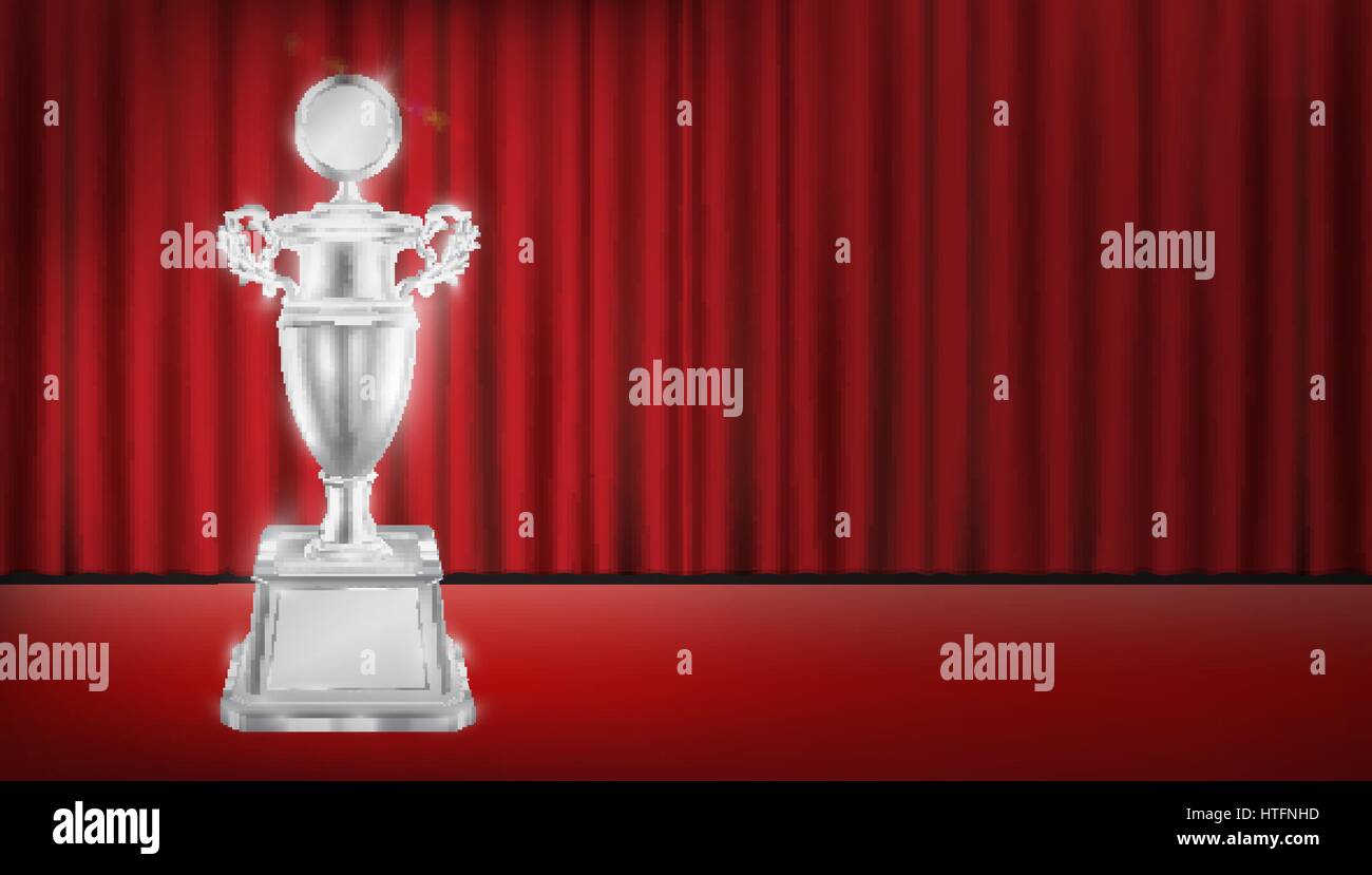 echtes Silber Trophäe mit roten Vorhang Bühne Hintergrund Stock Vektor
