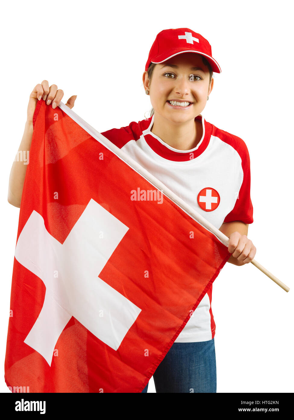 Foto von einem schönen Sport-Fan aus der Schweiz hält eine Schweizer Fahne. Stockfoto