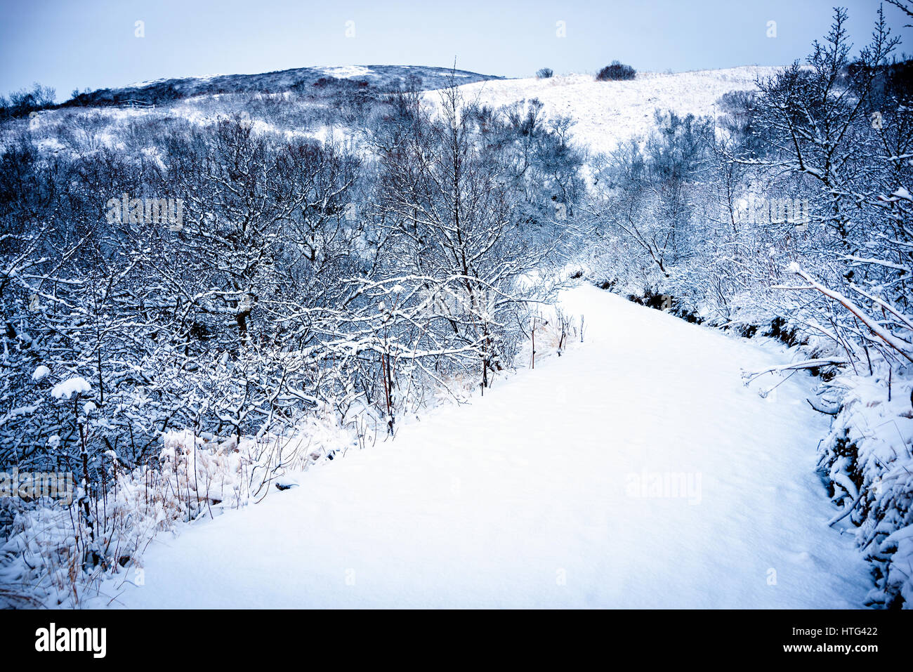 Reine, unberührte Schnee auf die bergige Landschaft im Freien von Island Stockfoto