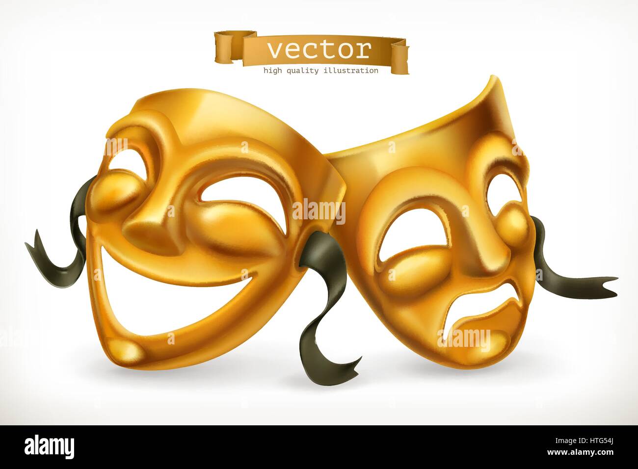 Gold Theatermasken. Komik und Tragik, 3d Vektor icon Stock Vektor