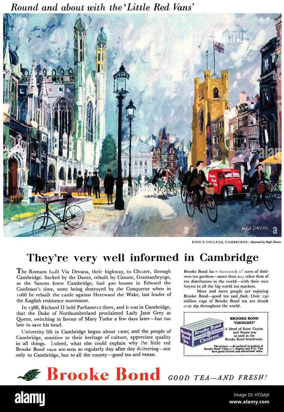 1959 britische Werbung für Brooke Bond Tee, mit einer Illustration von Kings College, Cambridge von Hugh Chevins. Stockfoto