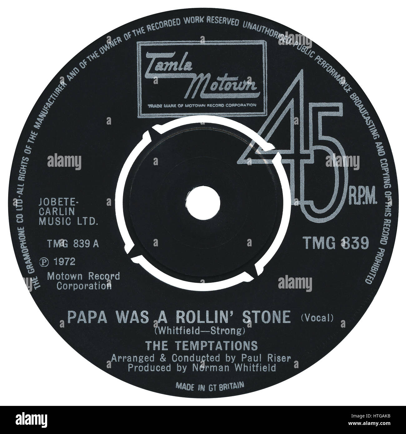 45 u/min 7' UK Plattenlabel von der einzigen Papa war A Rollin ' Stone von The Temptations auf dem Tamla Motown-Label vom Januar 1973. Stockfoto