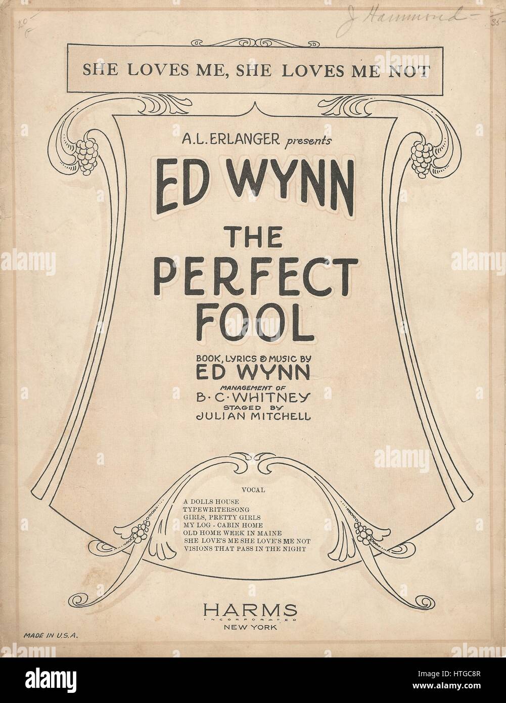 "Die perfekte Narr" 1921 Ed Wynn musikalische Noten Abdeckung Stockfoto