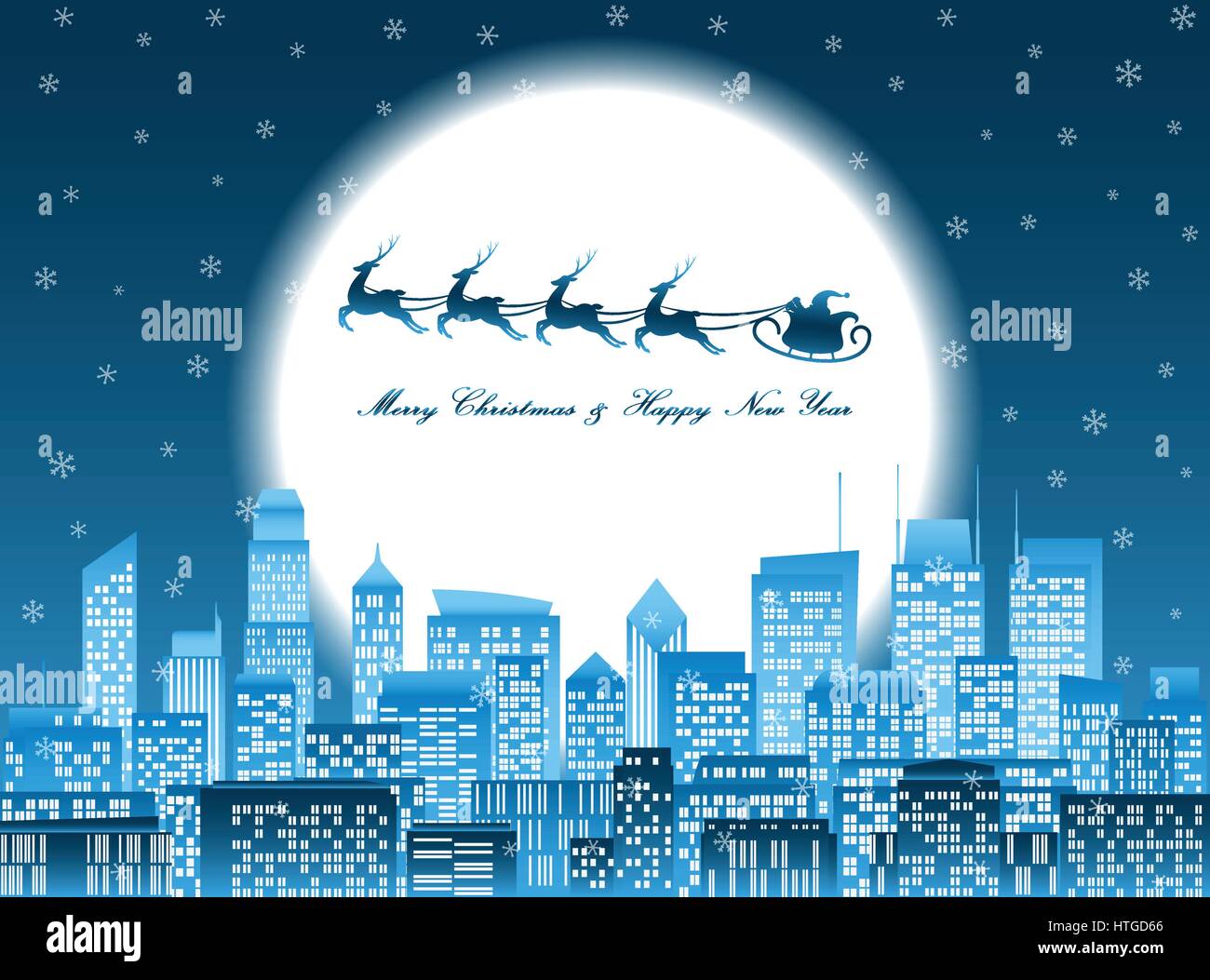 Frohe Weihnachten und ein frohes neues Jahr-Feier, Weihnachtsmann Reiten Rentier Schlitten über eine Gruppe von Hochhäusern in einer Nacht-Stadt mit Schneeflocke Stock Vektor