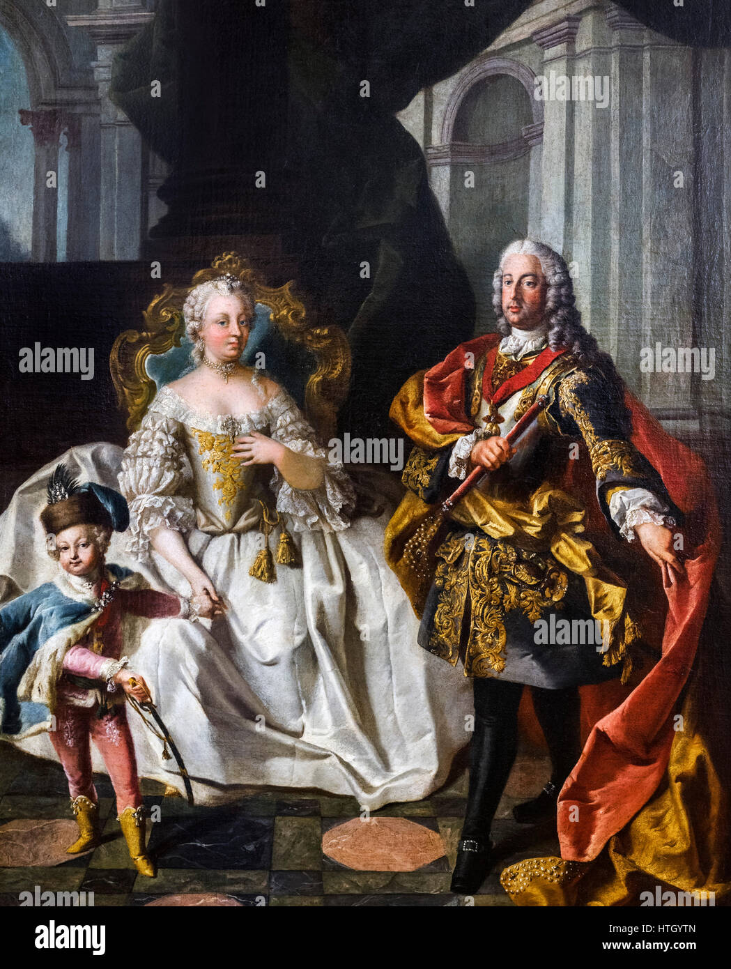 Die Kaiserin Maria Theresa (Maria Theresia Walburga Amalia Christina - 1717-1780) mit ihrem Mann, Franz Stephan, und Sohn, Kronprinz Joseph von Franz Xavier Palcko. Stockfoto