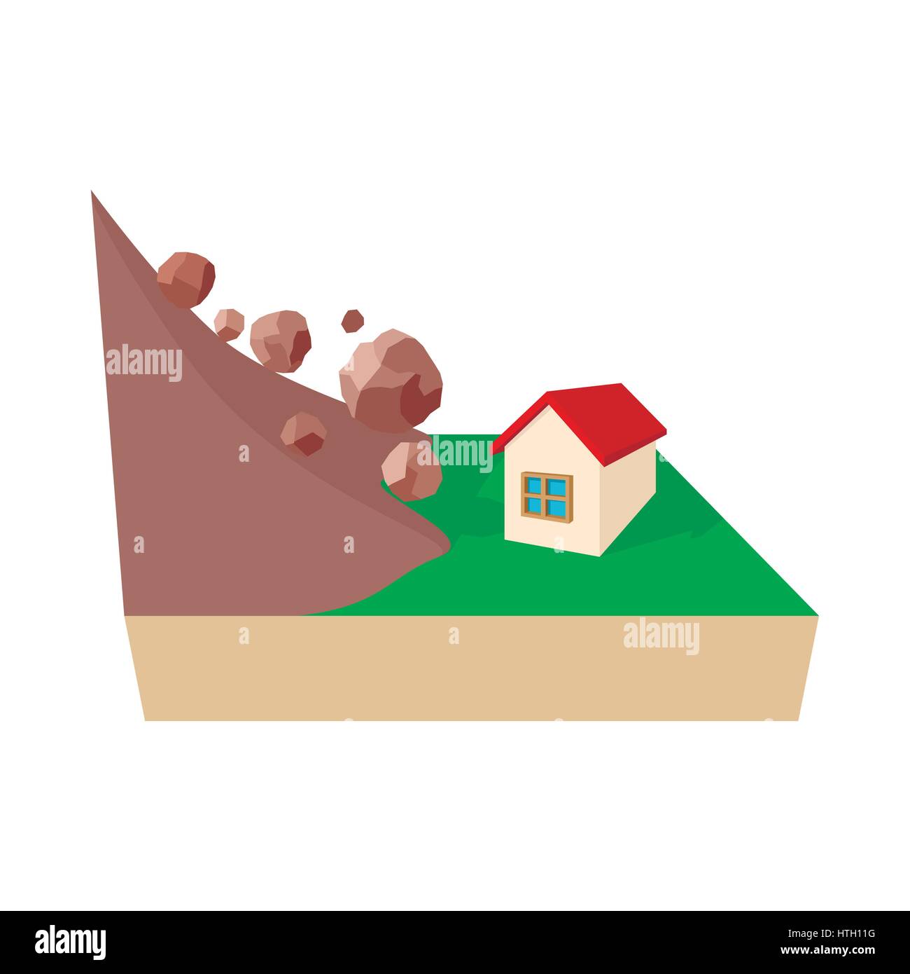 Haus getroffen durch Steinschlag Symbol, Cartoon-Stil Stock Vektor