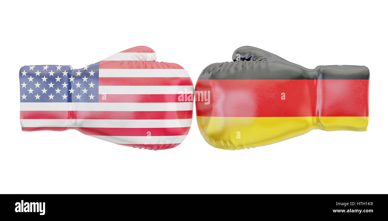 Boxhandschuhe mit USA und Deutschland Fahnen. Regierungen Konflikt Konzept, 3D rendering Stockfoto