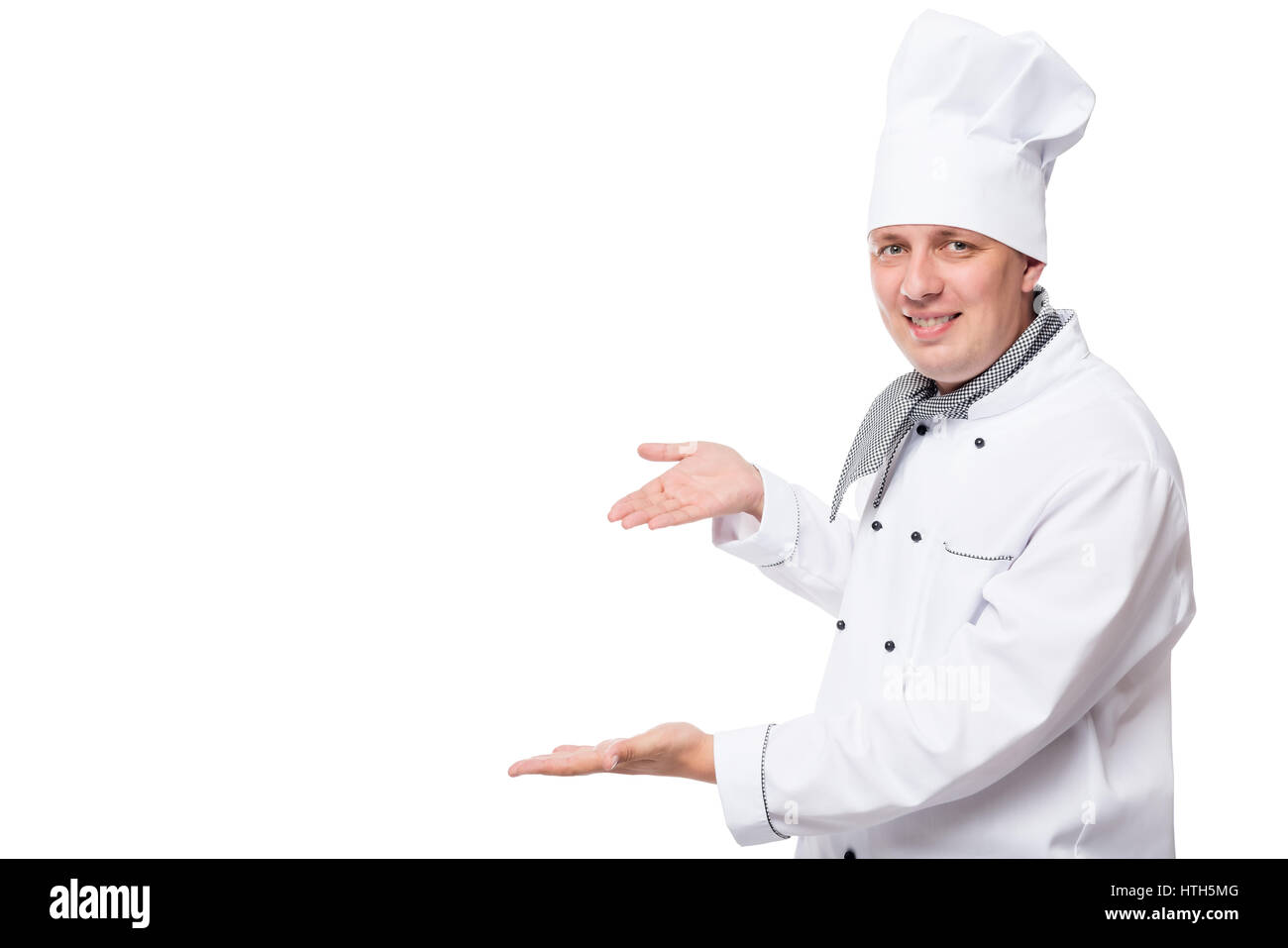 Produkt-Präsentation vom Koch auf einem weißen Hintergrund, Raum auf der linken Seite Stockfoto