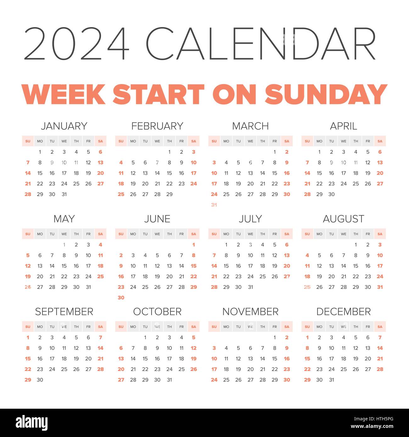 Simple 2024 year calendar week Ausgeschnittene Stockfotos und bilder