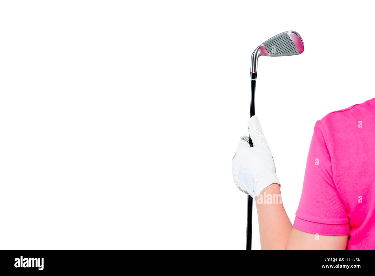 horizontale Foto behandschuhten Hand mit einem Golf-Club und einen Platz auf der linken Seite Stockfoto
