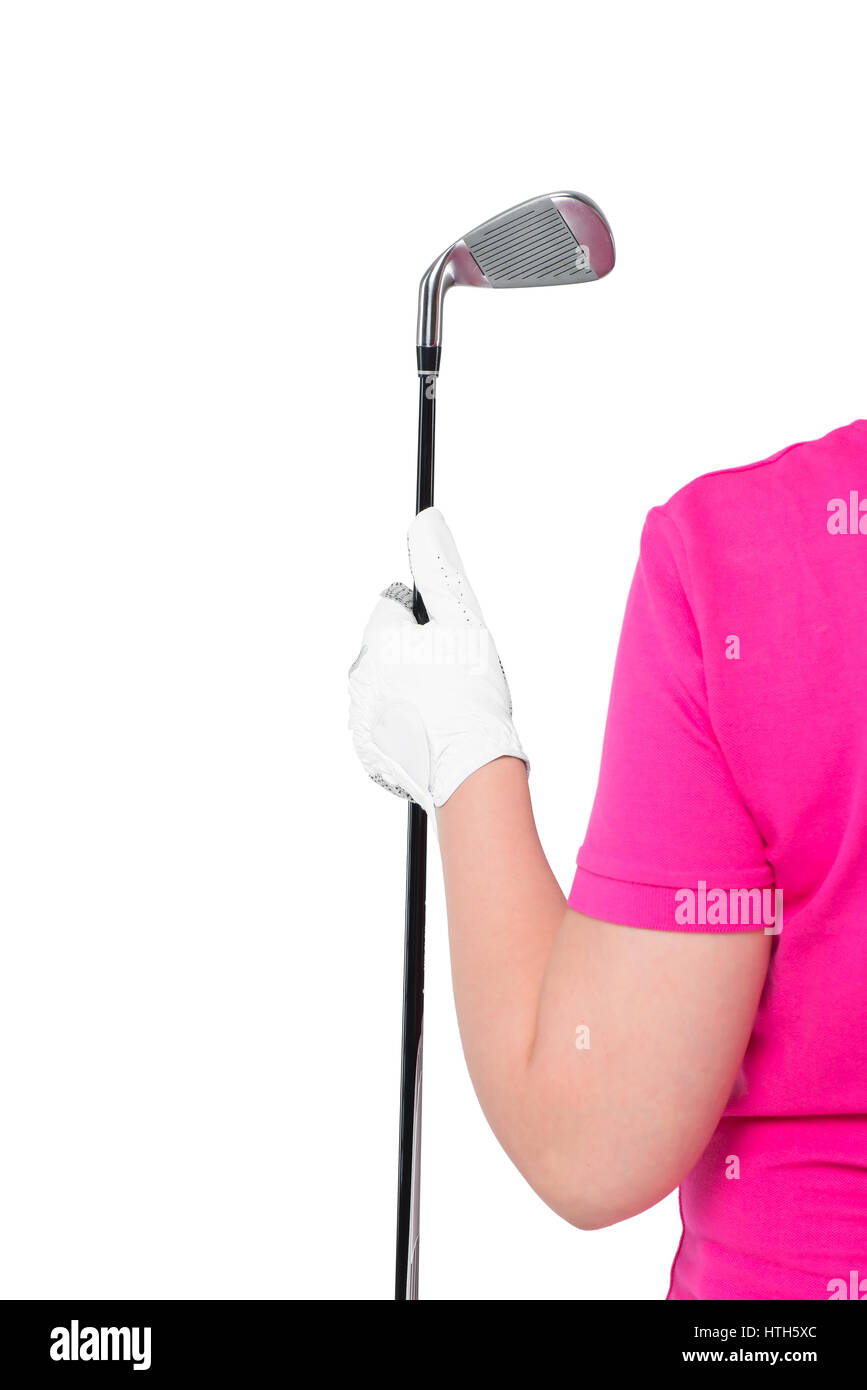 Vertikale Foto behandschuhten Hand mit einem Golf-Club und einen Platz auf der linken Seite Stockfoto