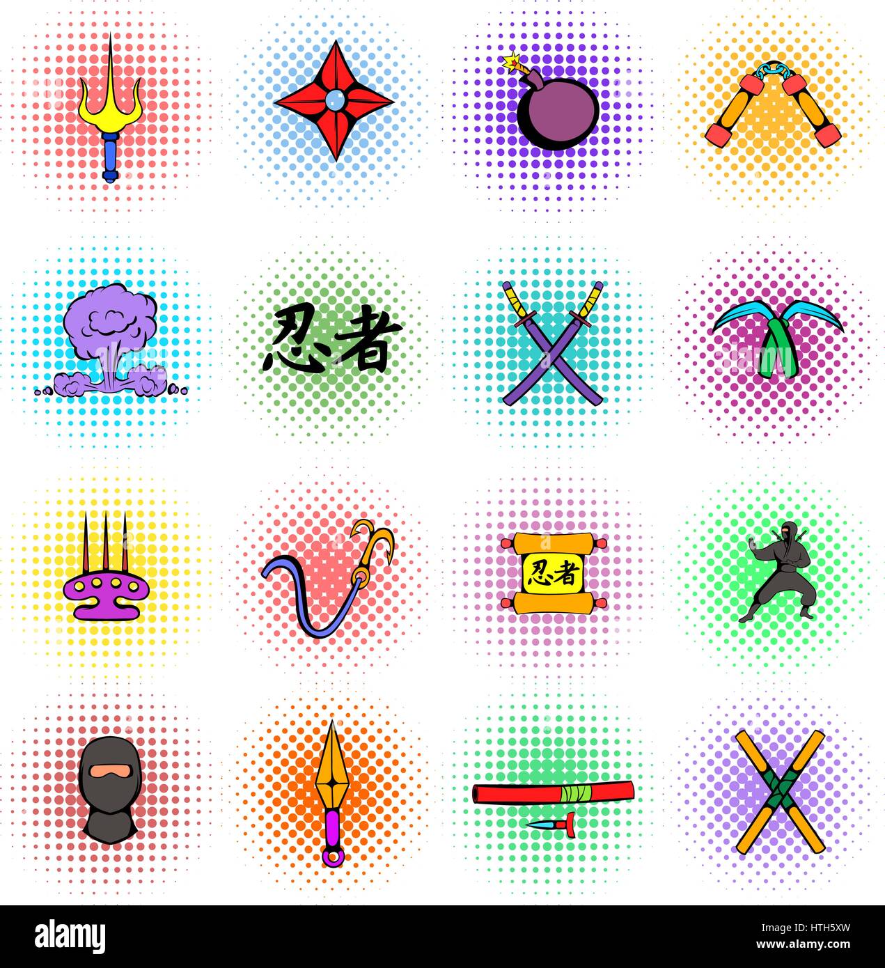 Ninja Waffe Icons Set, Comic Stock Vektor