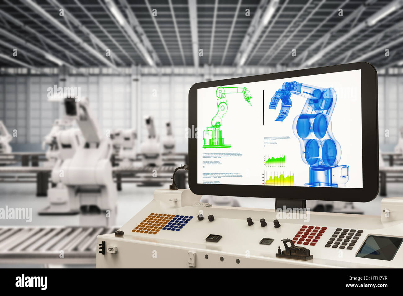 Automatisierungsbranche mit 3d Rendering-Monitor-Bildschirm mit Roboterarme Stockfoto
