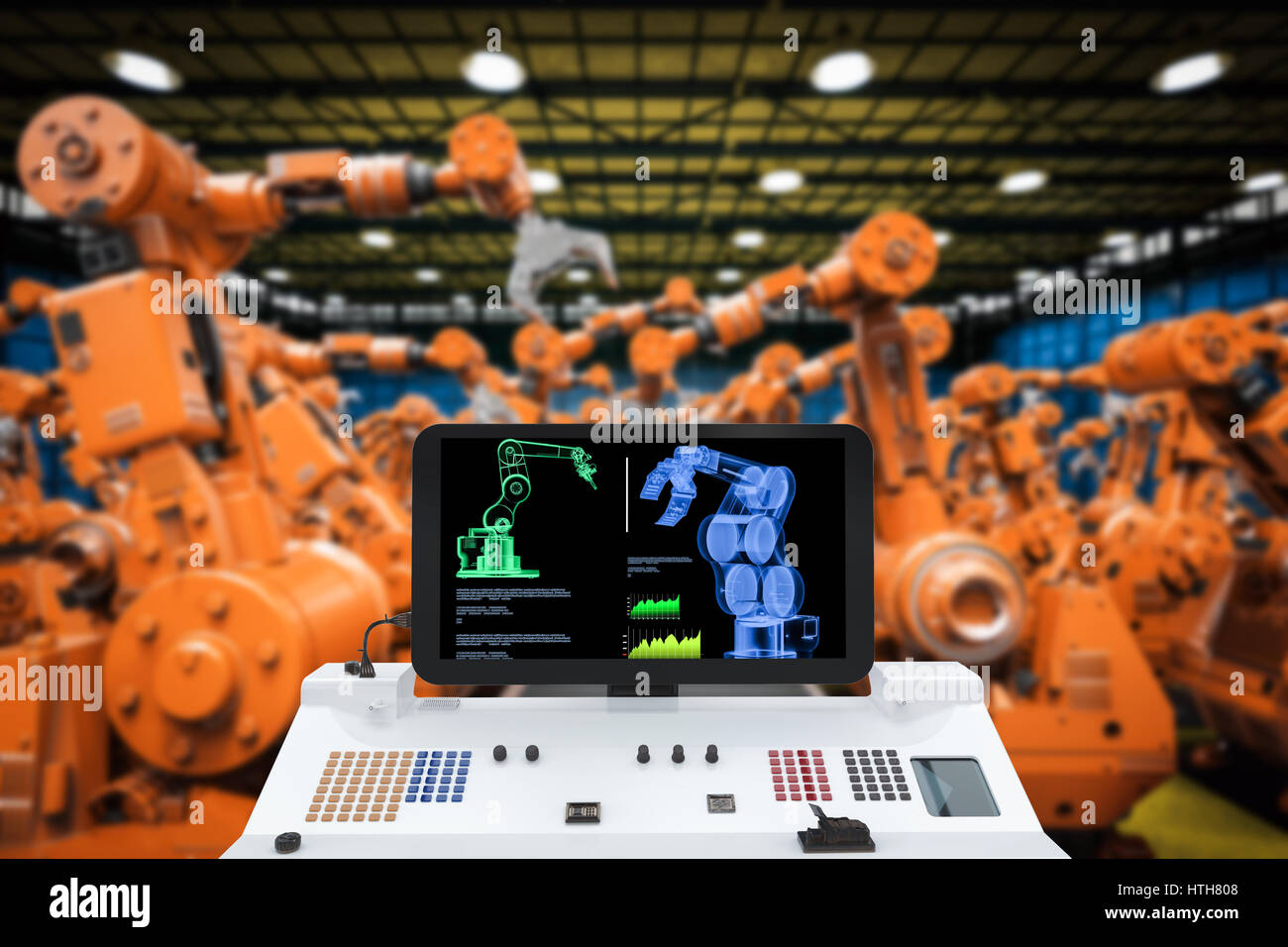 Automatisierungsbranche mit 3d Rendering-Monitor-Bildschirm mit Roboterarme Stockfoto
