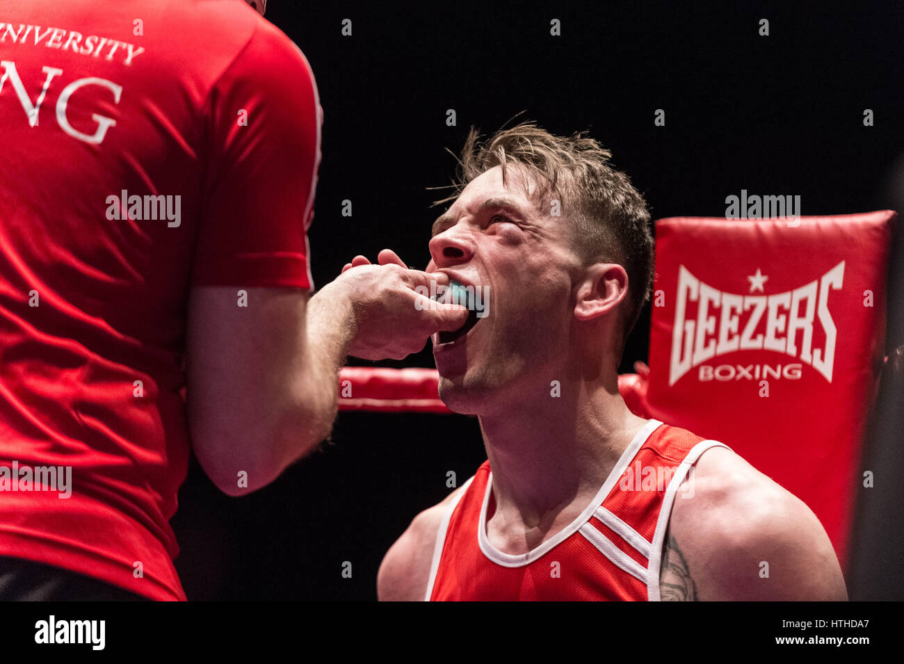 Cambridge, UK. 10. März 2017. Oxford gegen Cambridge. 110. Varsity Boxkampf an der Cambridge Corn Exchange. © Guy Corbishley/Alamy Live-Nachrichten Stockfoto