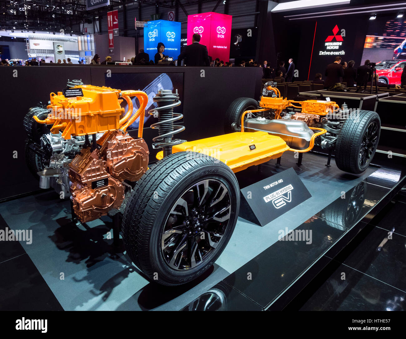 Mitsubishi EV Elektro-Hybridantrieb auf dem Display an 87. Genfer Automobil-Salons Genf Schweiz 2017 Stockfoto