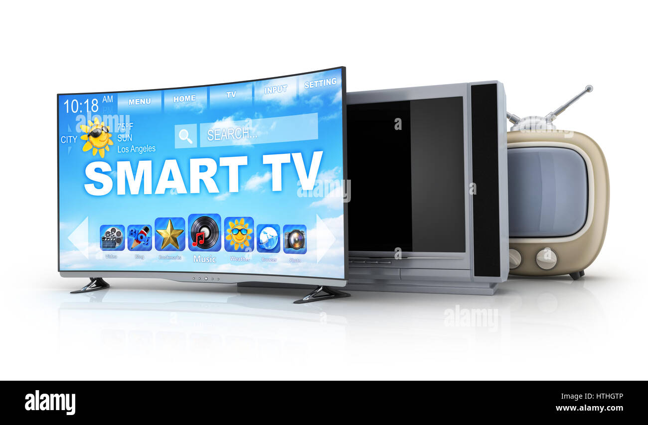 Drei TV-Evolution auf weißem Hintergrund. Alt und modern. 3D illustration Stockfoto