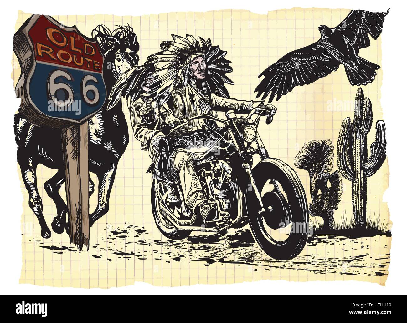 Eine Hand gezeichnete Vektor, freihändig zu skizzieren. Native American Paar, Liebhaber, fahren Sie ein Motorrad. Papier-Fahrer. (Das Motorrad ist keine bestimmte Marke - etwas Stock Vektor