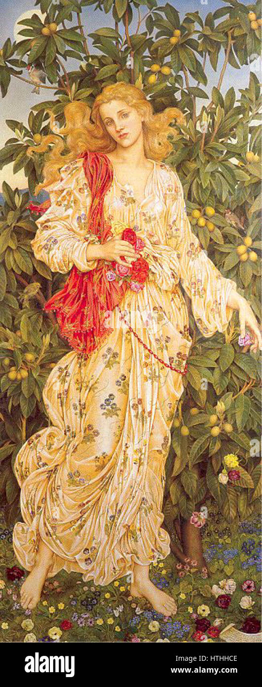 Flora, ein Gemälde von Evelyn de Morgan, einer englischen Künstlerin, geschaffen im Jahr 1894, das die römische Göttin der Blumen und des Frühlings darstellt. Stockfoto