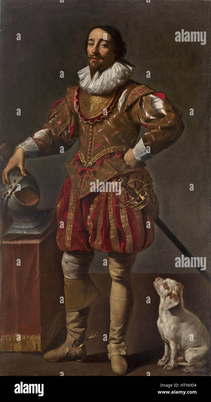 Simon Vouet - Portrait eines Edelmannes mit seinem Hund Stockfoto