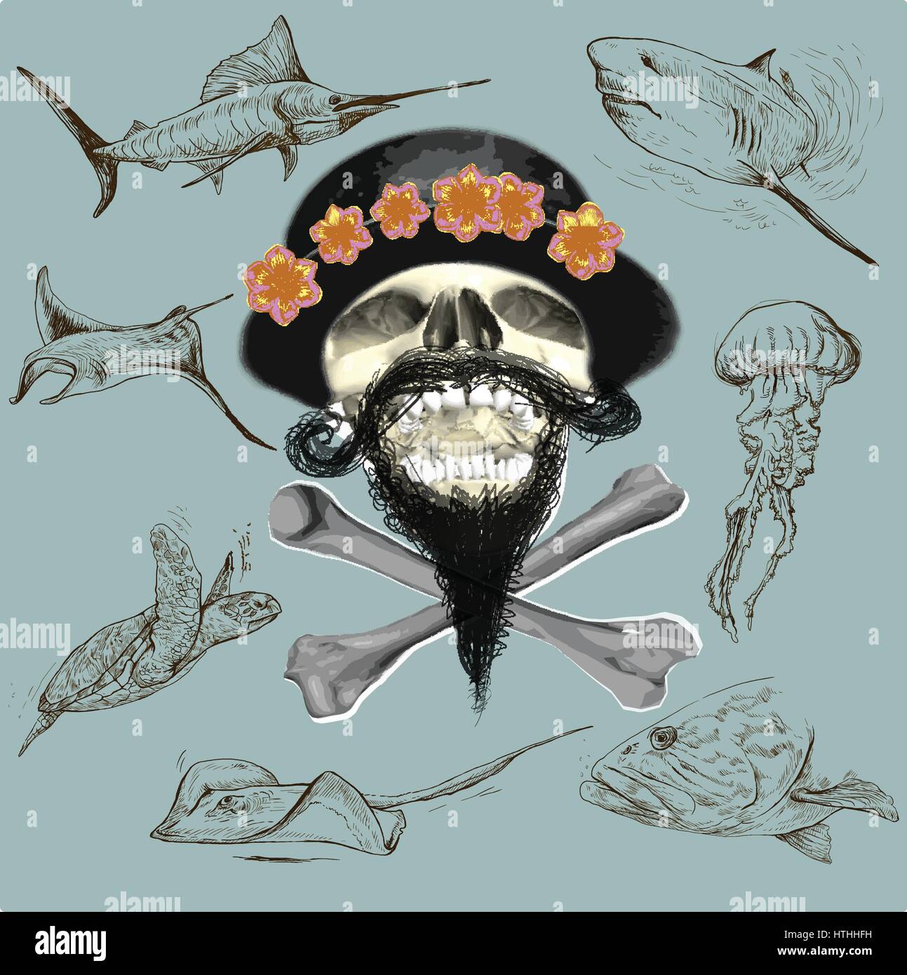 Bärtigen Piraten Schädel und Unterwasser-Leben - ein Hand gezeichnete Vektor. Freihand skizzieren. Stock Vektor