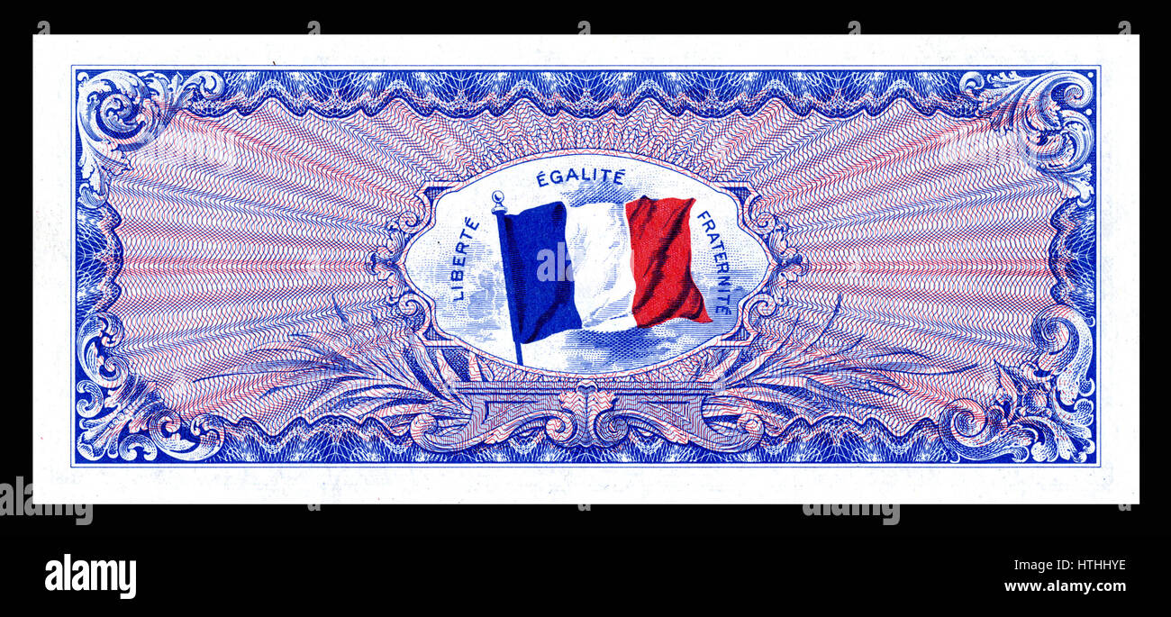 Die Allied Military Currency Serie FRA-117 enthält das umgekehrte Design für französische Banknoten, die während des Zweiten Weltkriegs ausgegeben wurden. Dieses Design zeigt die Währung, die von den Alliierten im besetzten Frankreich verwendet wird. Stockfoto