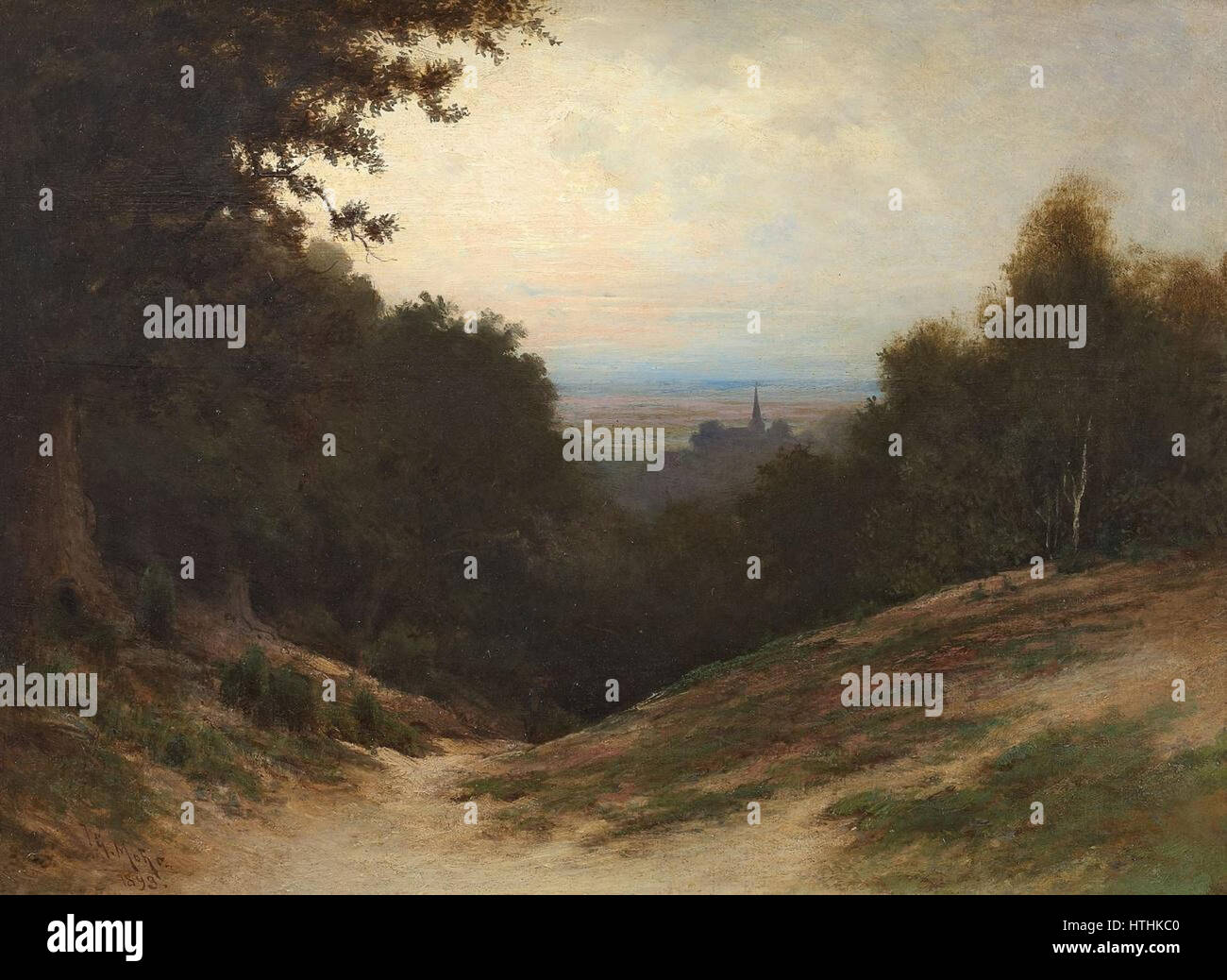 „Abendliche Landschaft“ von Johann Georg Mohr ist ein deutsches Gemälde aus dem 19. Jahrhundert, das die ruhige Schönheit eines Sonnenuntergangs über der Landschaft einfängt. Das Stück spiegelt die Aufmerksamkeit des Künstlers für natürliche Details und die atmosphärischen Effekte der Dämmerung wider. Stockfoto