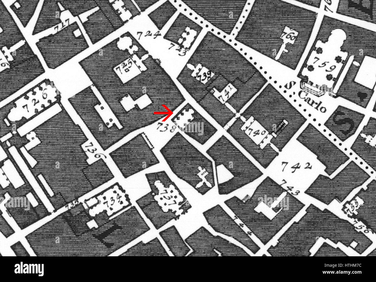 Giambattista Nollis Karte von 1748 „San Salvatore in Campo“ zeigt ein detailliertes Stadtbild Roms. Es zeigt Straßen, Plätze und wichtige Sehenswürdigkeiten und bietet eine genaue Darstellung der Architektur und räumlichen Organisation der Stadt während des 18. Jahrhunderts. Stockfoto