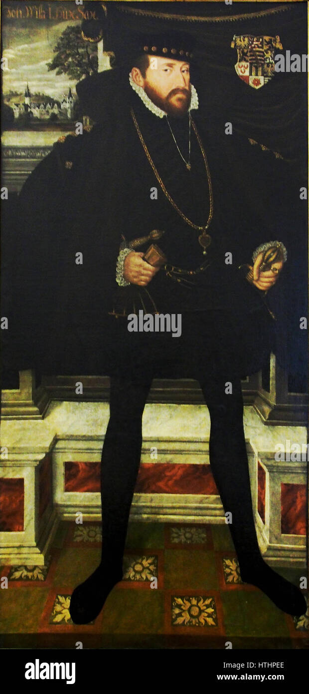 Ein Porträt Johann Wilhelm I. von Sachsen-Weimar, das Ende des 16. Oder frühen 17. Jahrhunderts entstand, stellt den Herzog mit edler würde dar. Das Porträt zeigt die königliche Kleidung und die kommandierende Präsenz des Herrschers und symbolisiert seine Autorität und Führung. Stockfoto