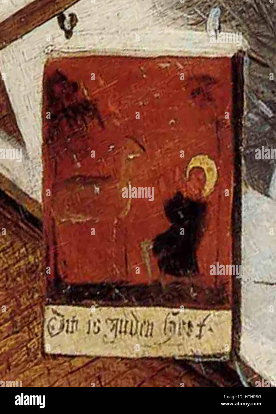 Pieter Bruegel der ältere hält „Jäger im Schnee“ eine Winterszene fest, in der Jäger von einer Jagd in einer verschneiten Landschaft zurückkehren. Das verzerrte Detail des Schilds verleiht dem Besucher ein visuelles Interesse und spiegelt Bruegels detaillierten Beobachtungsstil wider. Stockfoto