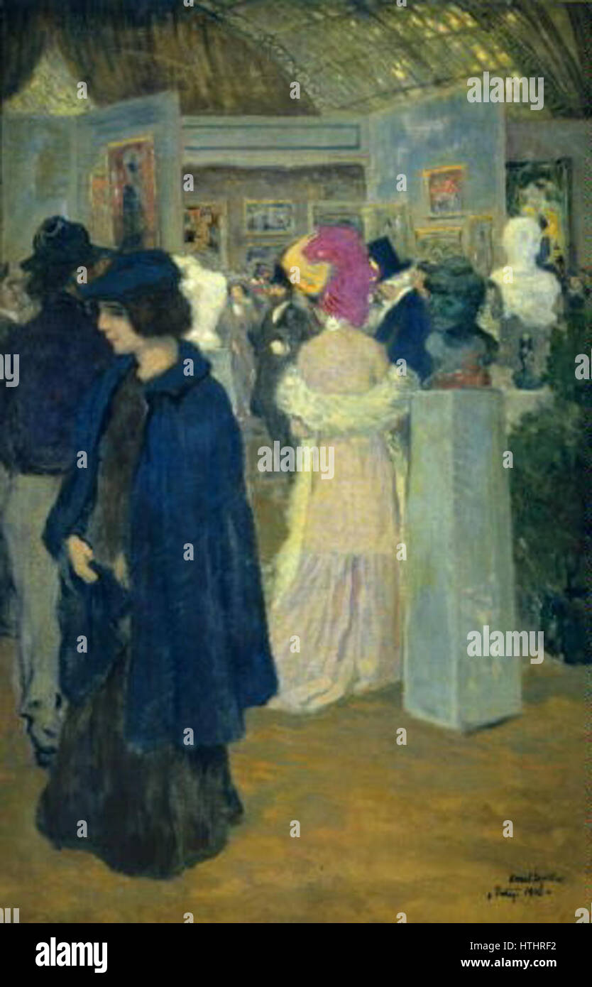 Karel Spillar’ ‚Na vystave V Parizi’ (auf der Pariser Ausstellung) aus dem Jahr 1912 zeigt die Erfahrung des Künstlers in einer Pariser Ausstellung. Es fängt das Ambiente und die kulturelle Interaktion dieser Zeit mit einem Fokus auf die Kunstwelt ein. Stockfoto