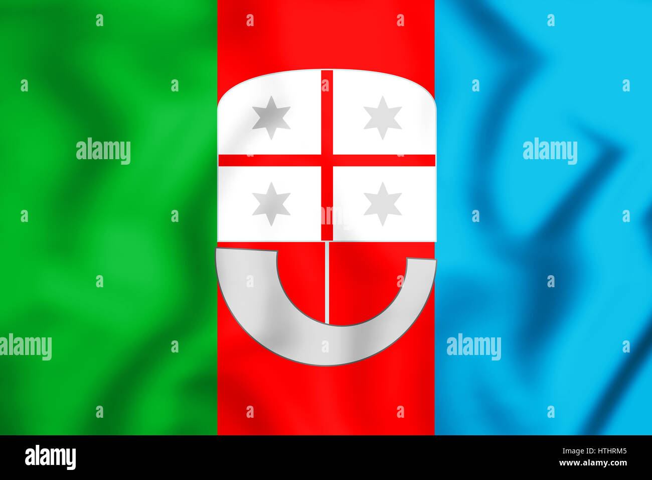 Flagge der Region Ligurien, Italien. 3D Illustration. Stockfoto