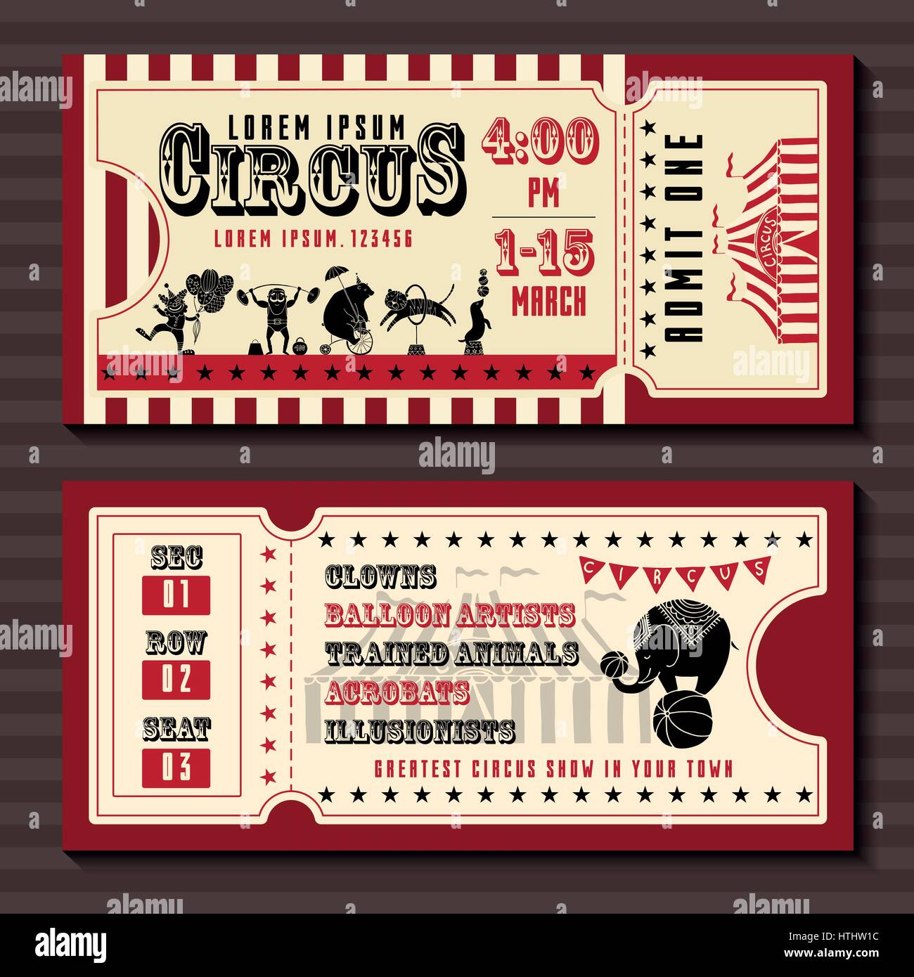 Zirkus zeigen horizontale Tickets Vorder- und Rückseite Vektor Vorlagen im Vintage-Stil mit Beispieltext auf dunklen strukturierten Hintergrund Stock Vektor