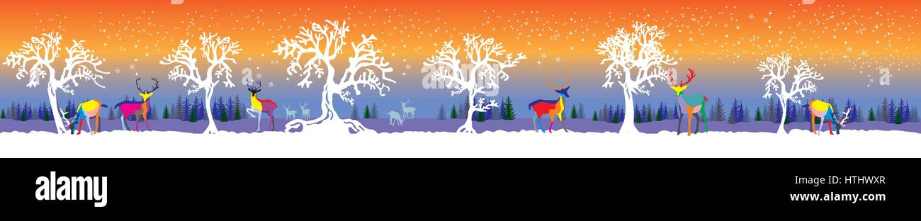 Vektor-lange Abbildung Winterwald mit bunten Hirsche und weiße Bäume auf orange und blau Hintergrund Stock Vektor