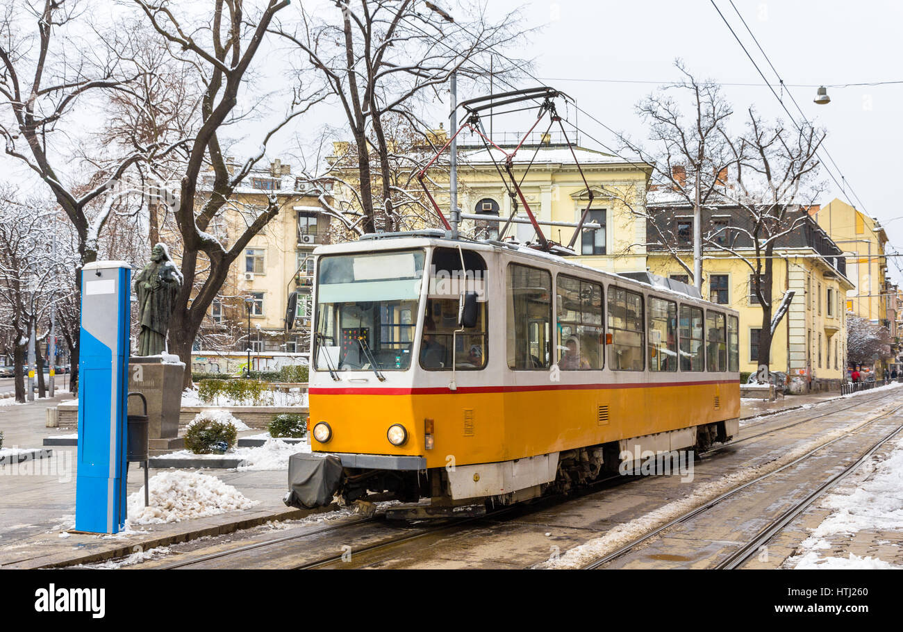 Straßenbahn am Patriarch Evtimii Platz in Sofia - Bulgarien Stockfoto