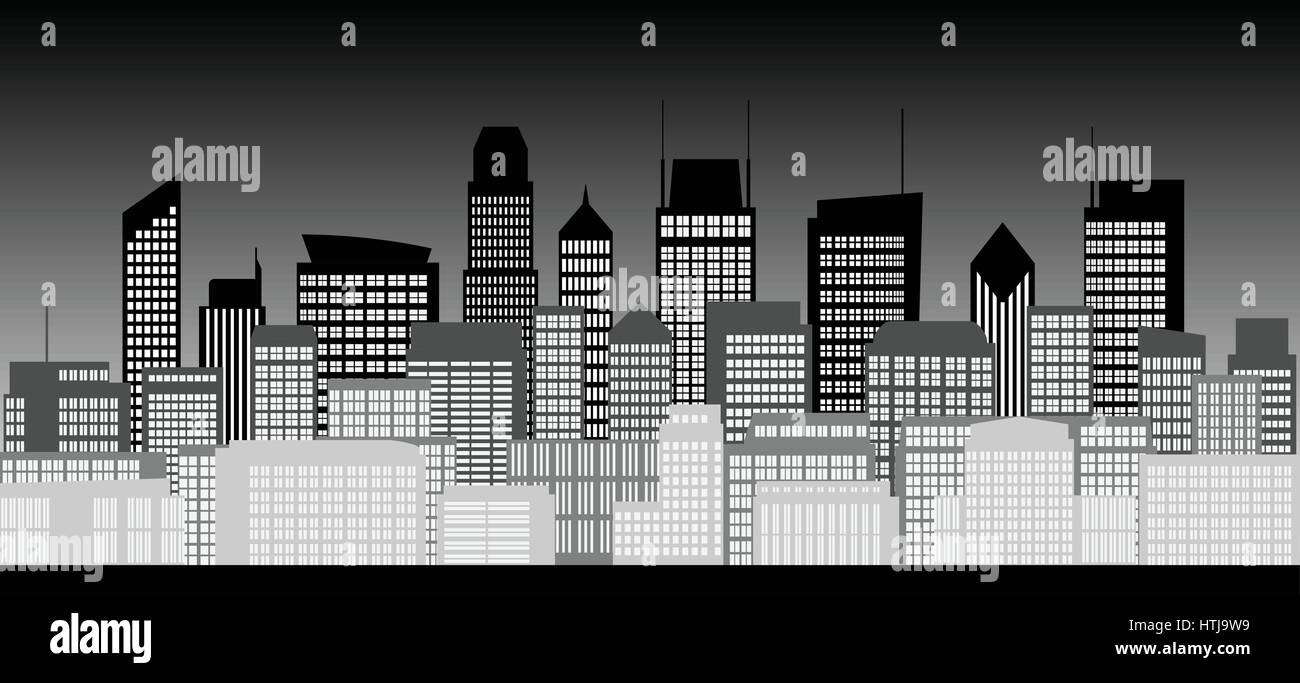 Gruppe der Hochhäuser in der Stadt in der Nacht in schwarz / weiß Stil Stock Vektor