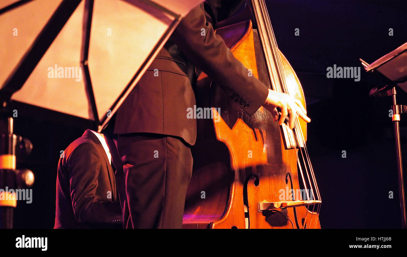 Kontrabass-Spieler spielt Kontrabass auf der Bühne mit Geräuschanzeigen. Retro Vintage Jazzkonzert Leistung Unterhaltung. Schuss mit Selec hautnah Stockfoto