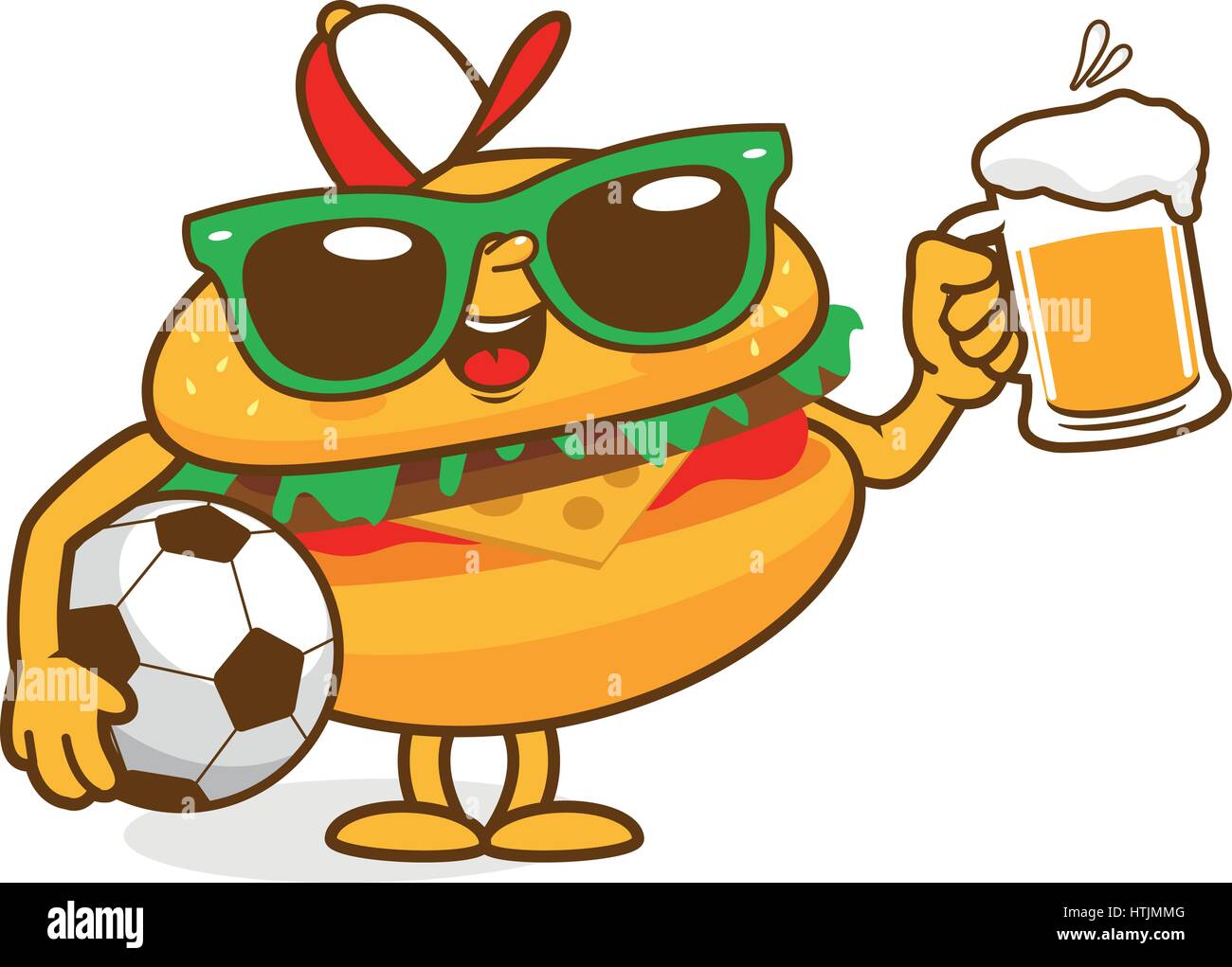 Vektor-Cartoon Illustration einen Burger-Charakter mit Glas Bier und einem Fußball. Stock Vektor