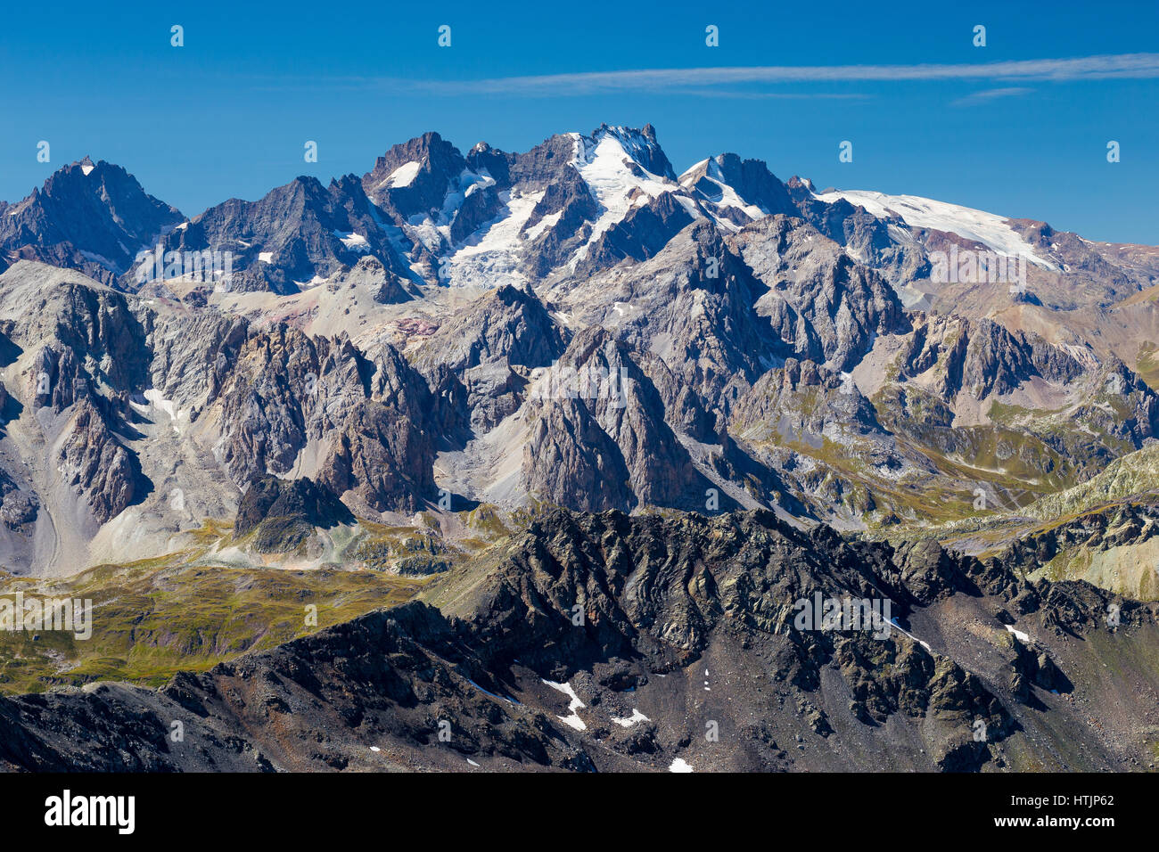 Blick auf das Massif de la Meije. Französische Alpen. Alpenlandschaft im Sommer. Europa. Stockfoto