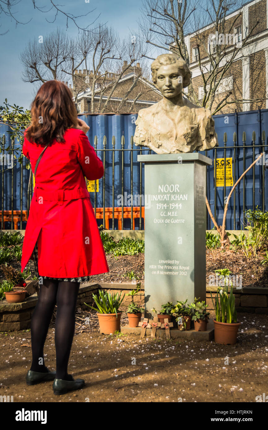 Statue, Noor Inayat Khan, ein SOE-Agent, arbeitete in Frankreich während des zweiten Weltkriegs vor gefoltert und erschossen, von den Nazis. Stockfoto