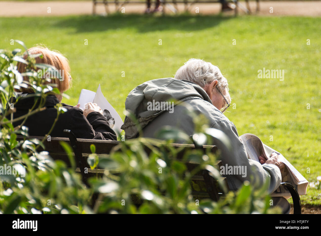 Ein Alter Mann sitzt auf einer Parkbank, lesen eine Zeitung, in der Frühlingssonne am Gordon Square, London, UK Stockfoto