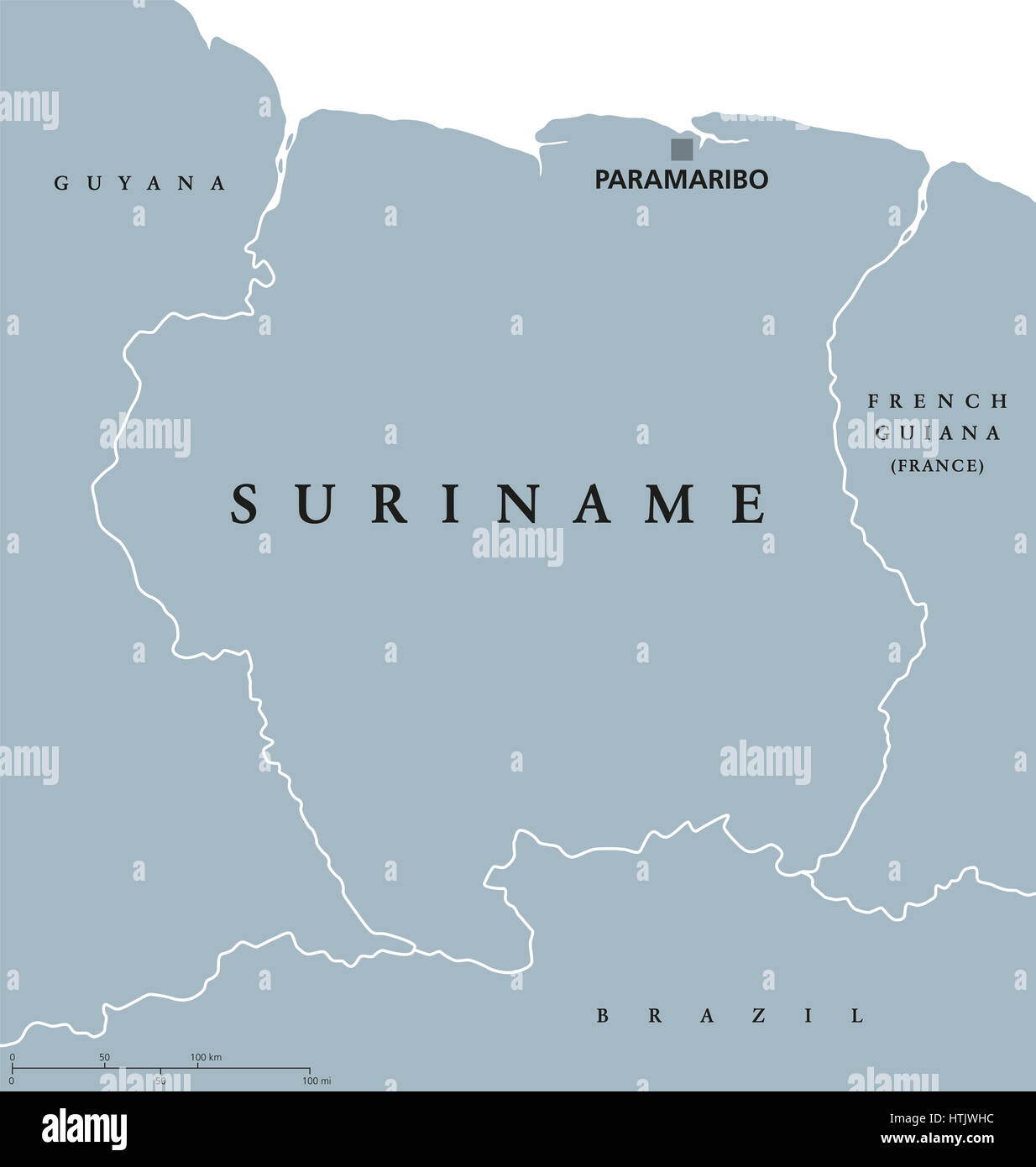 Suriname politische Karte mit Hauptstadt Paramaribo, nationale Grenzen und Nachbarn. Auch Surinam, eine Republik und Land in Südamerika. Stockfoto