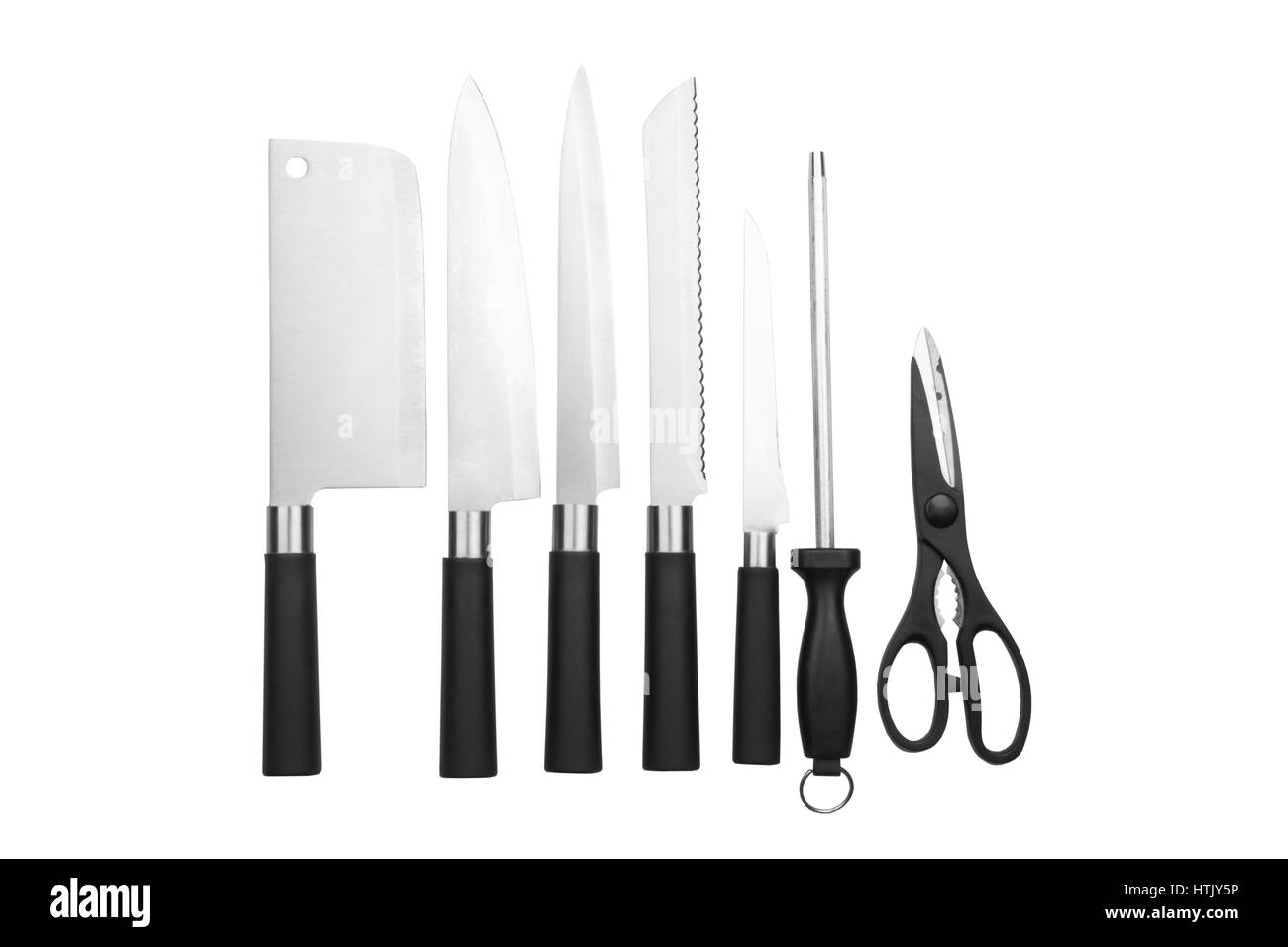 eine Küche-Messer-Set isoliert auf einem weißen Hintergrund, Geschirr Stockfoto