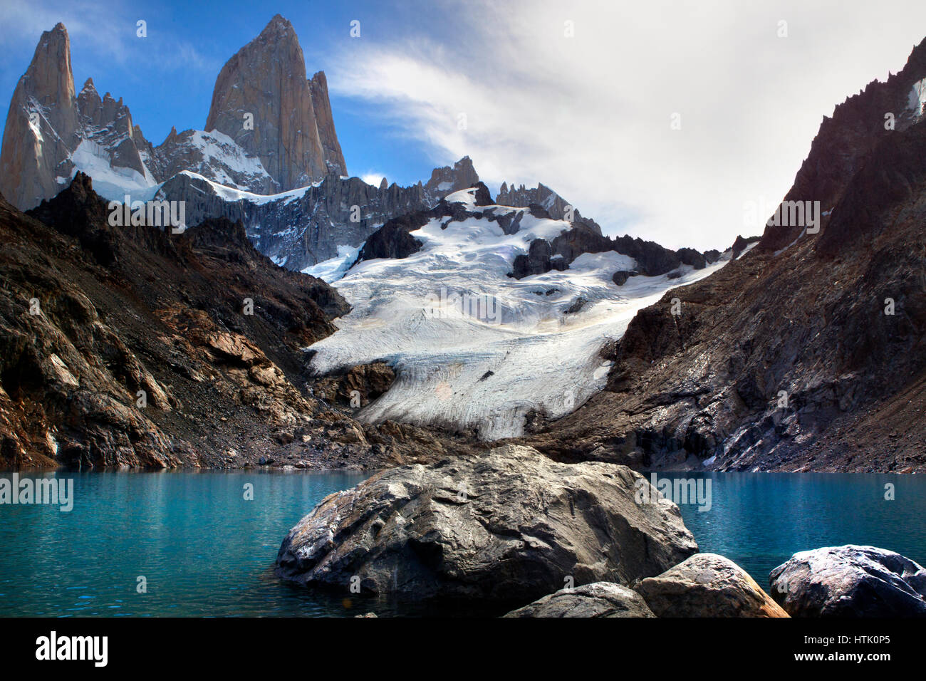 Blick auf Mount Fitz Roy und der Laguna de Los Tres in den Anden, Patagonien, Argentinien Stockfoto