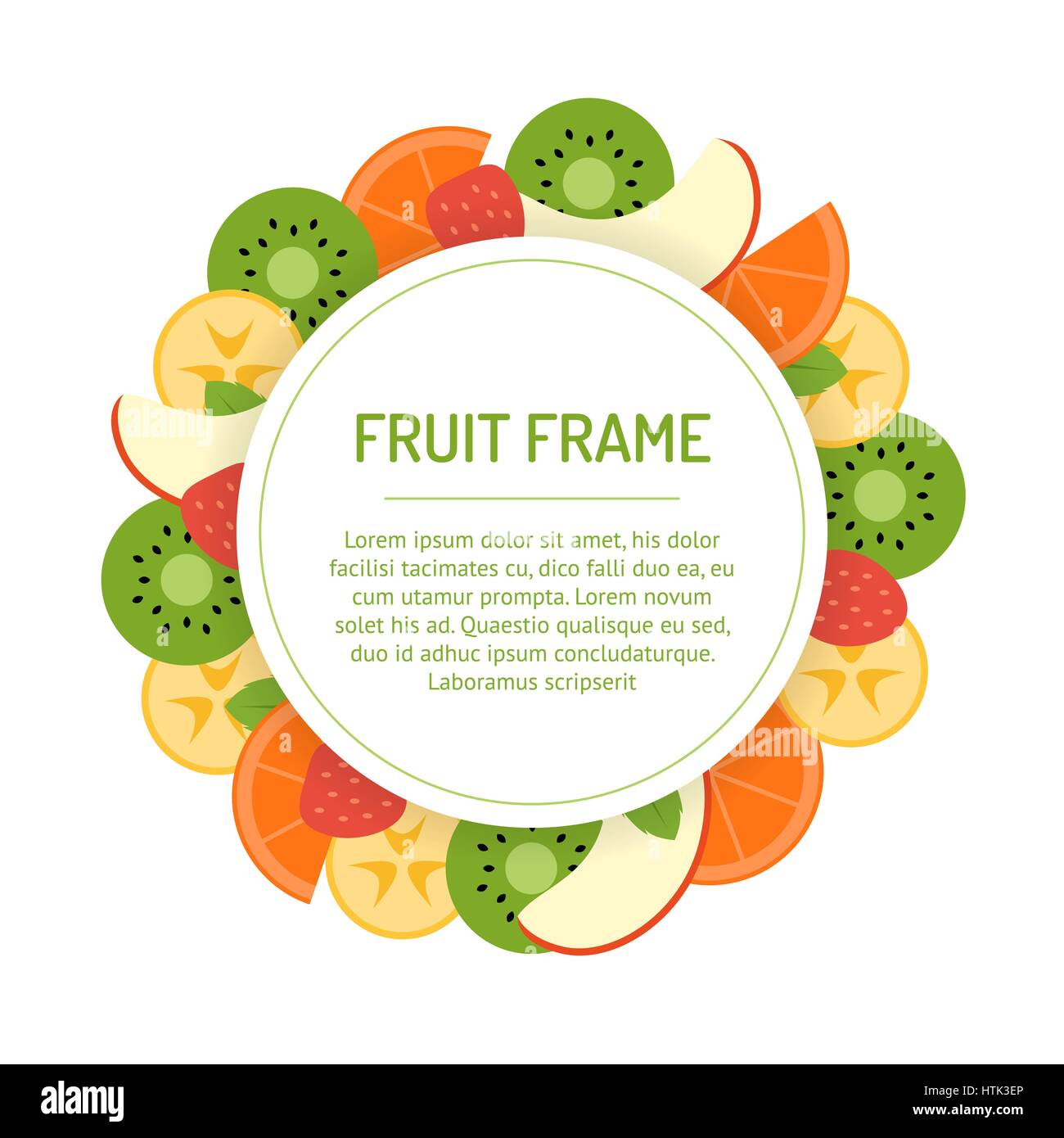 Runde Frucht Rahmen. Sortierte geschnittenen Früchten für Salat. Vektor Vorlage für Design. Flachen Stil. Stock Vektor